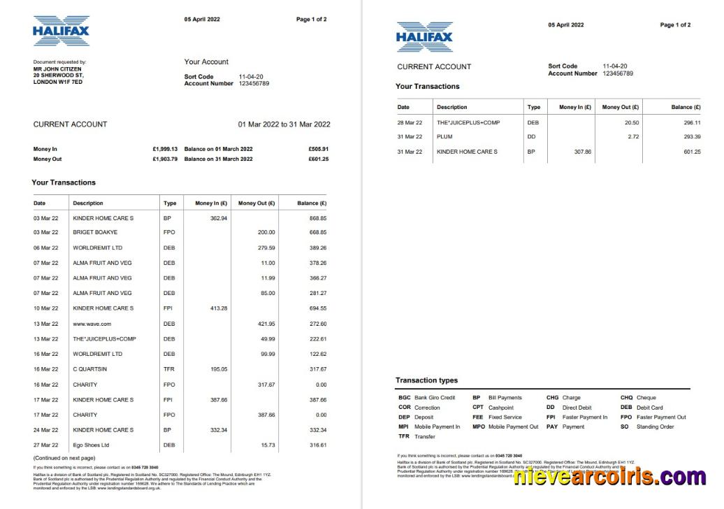 United Kingdom Halifax bank statement Word and PDF, 2 pages, version 2